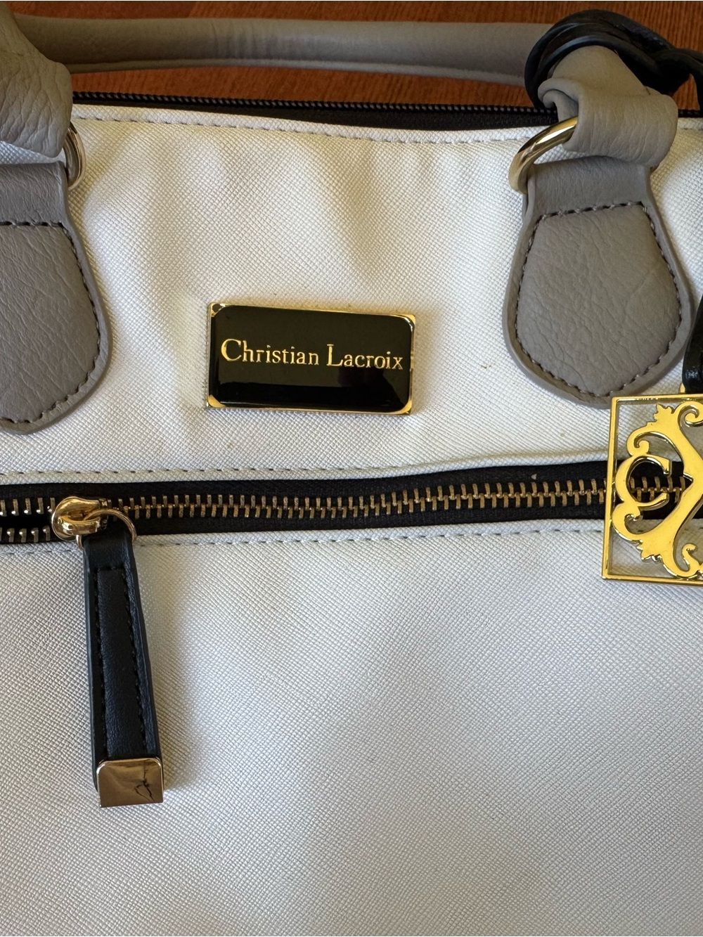 Christian Lacroix White, Black & Gray Structured Leather Satchel - Picture 5 of 5